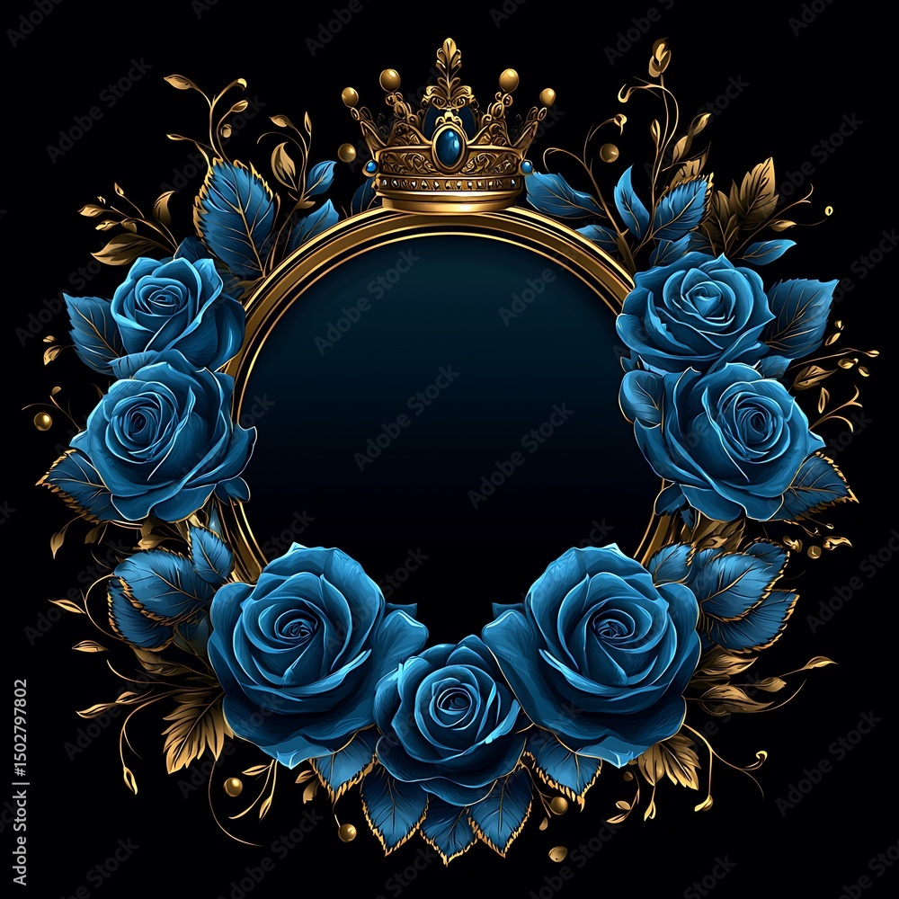 Elegant blue rose frame with a golden crown suitable as a photo for ...