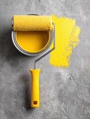 Poster - Bright Yellow Paint Can and Roller Rest on Clean Concrete With Fresh Strokes Along the Surface Showing Home Improvement in Progress