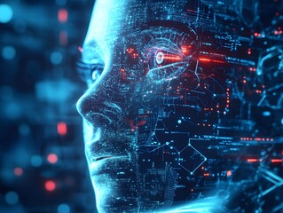 Cybernetic Sentience: A detailed, high-tech portrait of a synthesized individual, revealing intricate circuits and luminous data streams, gazing ahead with an enigmatic expression.