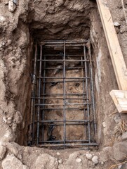Aufkleber - Excavation Pit Showing Reinforcing Bars in Preparation for Construction Work in a Residential Area