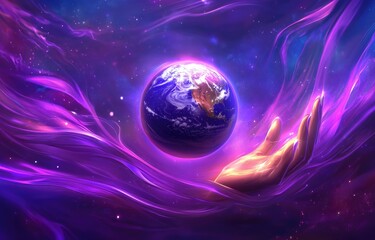 earth held in a hand, cosmic expanse