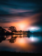 Wall Mural - serene sunset over a tranquil lake reflecting vibrant colors and silhouettes of trees