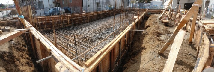 Leinwandbilder - Construction Site Pouring Foundation With Reinforced Steel Structures Underway in Residential Area on a Sunny Day