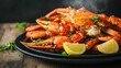 © PStyle - Steamed crab served on a black plate with fresh parsley and lemon wedges on a rustic wooden table.