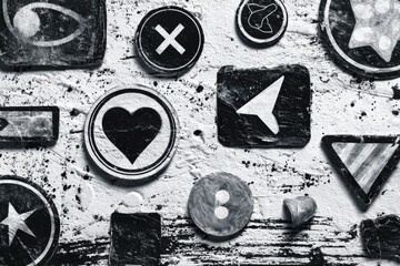 Aufkleber - Unique Monochrome Sticker Icons on a Grunge Texture Background Create an Artistic Expression of Modern Design Trends