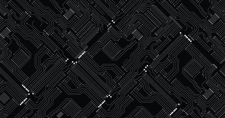 Wall Mural - printed circuit board black and white technology seamless pattern, vector stock illustration