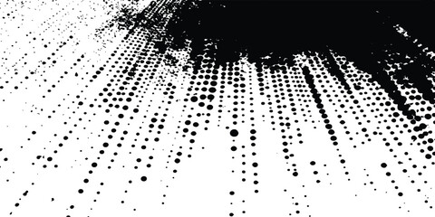 Fototapete -  Vector halftone dotted grunge texture. Grunge texture on distress back background. Glitch distorted grange shape. Dust and dots screen print texture.