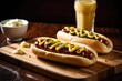© Vii - Freshly prepared hot dogs with mustard and ketchup on a clean cutting board, ideal for a backyard BBQ or picnic