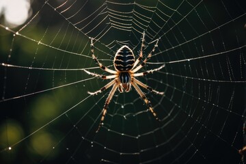 A spider sits in the center of its intricate web