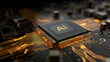 © Yoona - Abstract CPU chip with glowing gold AI label on futuristic circuit board. Light pulses flowing through the circuit