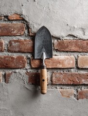 Poster - Brick Wall With a Trowel Resting Against the Surface Highlights an Ongoing Masonry Project at a Construction Site