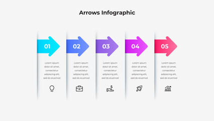Aufkleber - Modern infographic with 5 colorful arrows, icons, and numbered steps. Suitable for illustrating business processes, data flow, or presentations