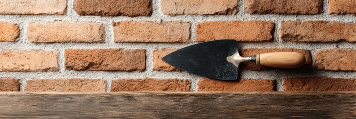 Poster - Flatlay of a Trowel on a Brick Wall, Showcasing Construction Tools Against a Textured Surface During Daytime