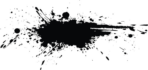 Aufkleber - Black ink Splatter, black paint, ink brush strokes, brushes, lines, grungy. Black inked splatter dirt stain splattered spray splash with drops blots. White background. 