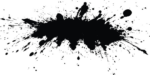 Aufkleber - Black ink Splatter, black paint, ink brush strokes, brushes, lines, grungy. Black inked splatter dirt stain splattered spray splash with drops blots. White background. 