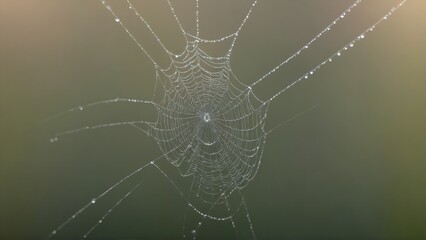 Delicate spider web covered in morning dew drops in nature