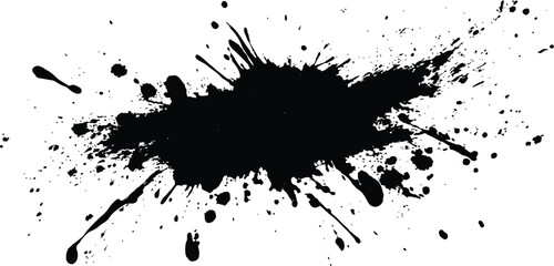 Aufkleber - Black ink Splatter, black paint, ink brush strokes, brushes, lines, grungy. Black inked splatter dirt stain splattered spray splash with drops blots. White background. 