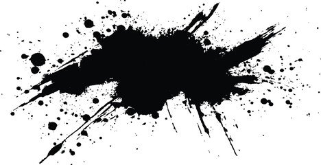 Aufkleber - Black ink Splatter, black paint, ink brush strokes, brushes, lines, grungy. Black inked splatter dirt stain splattered spray splash with drops blots. White background. 
