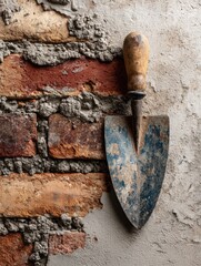 Fototapete - Brick Wall With Trowel Positioned for Construction Task in a Workshop Setting During Daylight Hours