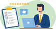 © Sameer - Vector Flat Illustration Customer Service Agent Providing Top-Notch Support, Checklist, and Five-Star Reviews -  Excellent Online Assistance and Client Satisfaction