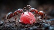 © Freshpixel - A striking close-up capturing two ants in an intense interaction over a piece of food, symbolizing teamwork, competition, and the dynamics of nature's tiny inhabitants.