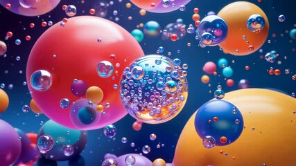 Wall Mural - 4k colorful 3d animation of abstract bubbles and rainbow spheres in a creative background