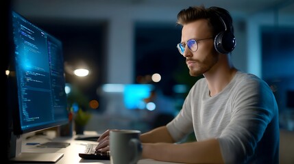 Focused Young Male Programmer Working Late at Night on Computer
