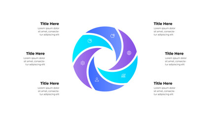 Aufkleber - Circular infographic with 6 steps, options or processes. Includes icons representing various concepts, ideal for business, strategy, and data visualization presentations