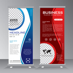 Wall Mural - Roll up banner template for business, vertical banner template, abstract vector illustration , abstract geometric standee banner, modern x-banner and pull up, vertical banner with red and blue color