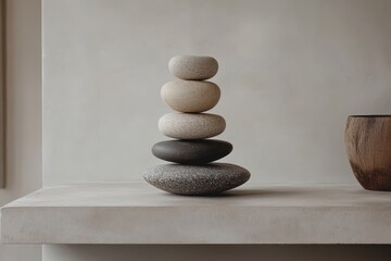 Aufkleber - Elegant arrangement of stacked stones on a minimalist shelf in a serene indoor space during daylight, showcasing natural textures and colors for calming aesthetics
