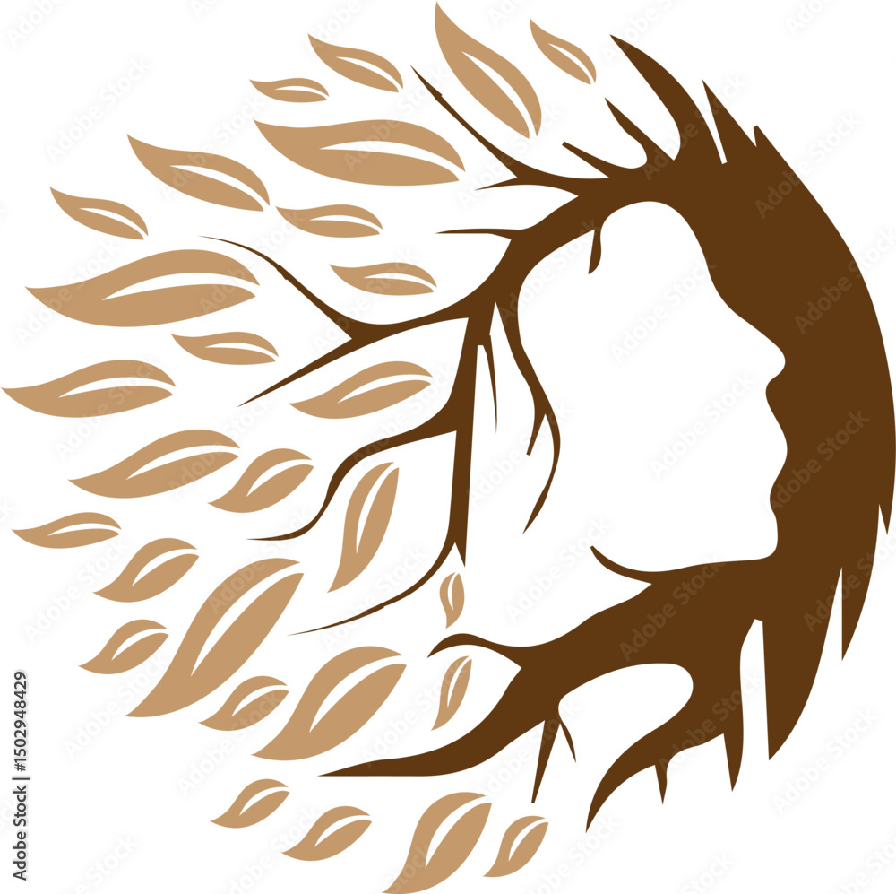 Creative tree silhouette forming a female face profile with flowing ...