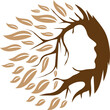 © designeramazing - Creative tree silhouette forming a female face profile with flowing leaves in earthy brown tones. Symbol of nature, femininity, beauty, and harmony in an abstract circular design.