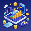 © GFX - Isometric 3D business graph with coins and money illustrating financial success and data growth on a computer screen