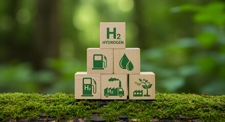 hydrogen energy with graphic resource in the natural green background. the image includes some wood 
