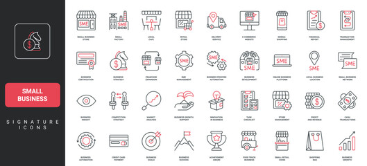 Small business development, franchise, commercial strategy of SME line icon set. Retail shop building, local market and restaurant location, thin black and red outline symbols vector illustration