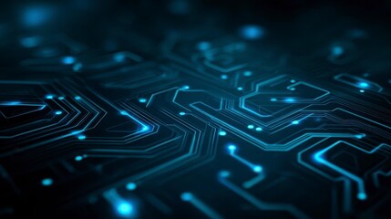 Futuristic blue circuit lines on geometric tech background, symbolizing digital innovation and advanced technology