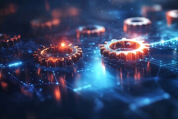 Wall Mural - 3d rendering of glowing interlocking gears on a digital network background
