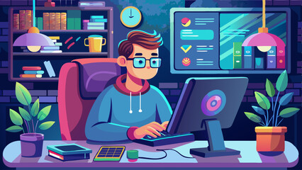 Cartoon man in glasses working at a computer in a cozy modern office with plants, books and data screens