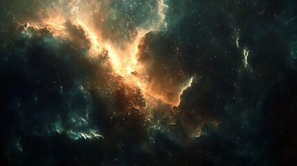 dramatic cosmic vista of the carina nebula with glowing orange and blue gas clouds and distant stars
