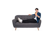© STOCK88PHOTOGRAPHER - Full body image of young Asian man using phone sitting on sofa on PNG background