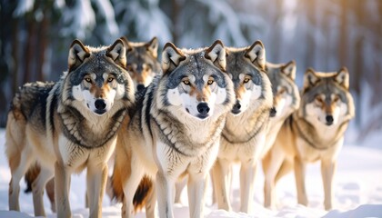  A close up of pack of Grey Wolves 