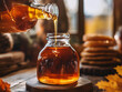 © Md - Close-up of golden maple syrup being poured from a bottle, in a light and airy style, high-resolution photography