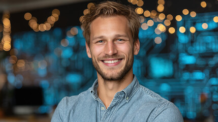 Casual IT specialist with abstract tech background, symbolizing innovation in modern workspaces