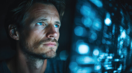 Casual IT specialist with abstract tech background, symbolizing innovation in modern workspaces