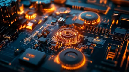 Wall Mural - rendering of futuristic computer chip circuit board with light bulb and red color