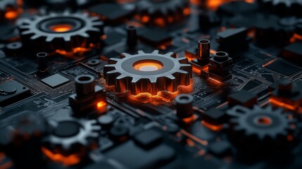 Wall Mural - rendering of futuristic computer chip circuit board with light bulb and red color
