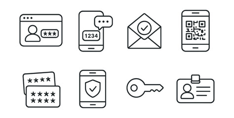 Line style icons of authentication: login with OTP, SMS code icon, email verification, QR login scan, backup codes icon, mobile authenticator, authentication key, digital ID card.