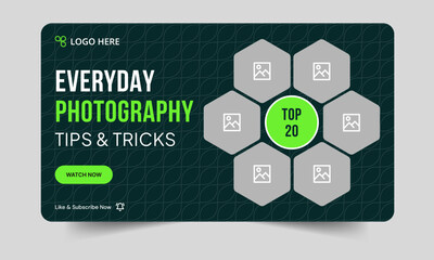 Wall Mural - Trendy photography daily tips and tricks video thumbnail banner design, daily photography learning tips and techniques video cover banner design, editable vector eps 10 file format