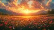 © Sergey - Ethereal sunset meadow scene illustration with vibrant wildflowers in the foreground. Features an epic cloudscape and distant mountains under warm golden light.