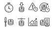 © Александр Михайлюк - Line style icons of crypto staking: staking duration timer, unstake request icon, cooldown period warning, auto-compounding staking icon, stake reallocation tool, minimum stake threshold, staking